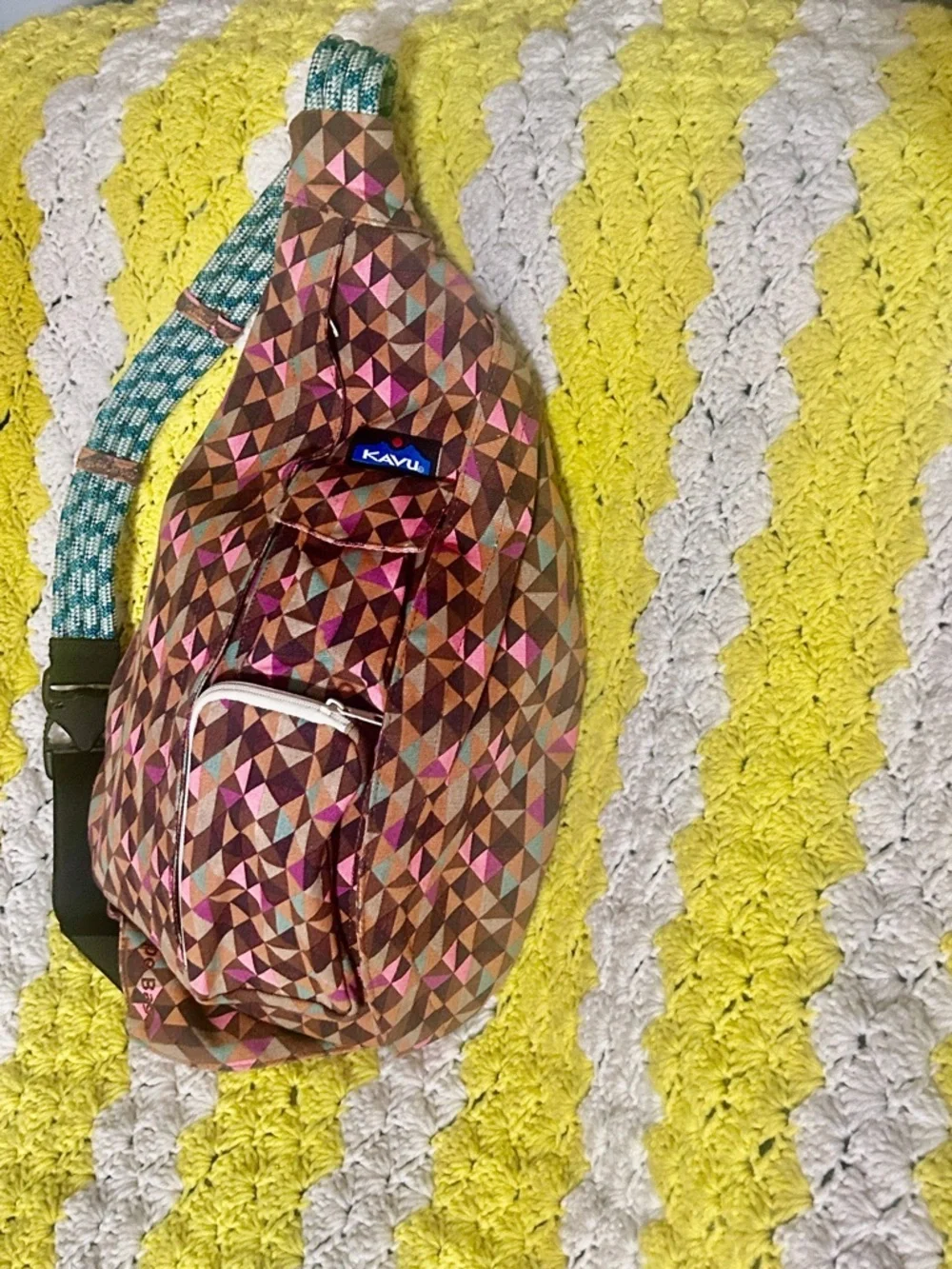 KAVU Sling Bag Multicolor Pink Brown Geometric